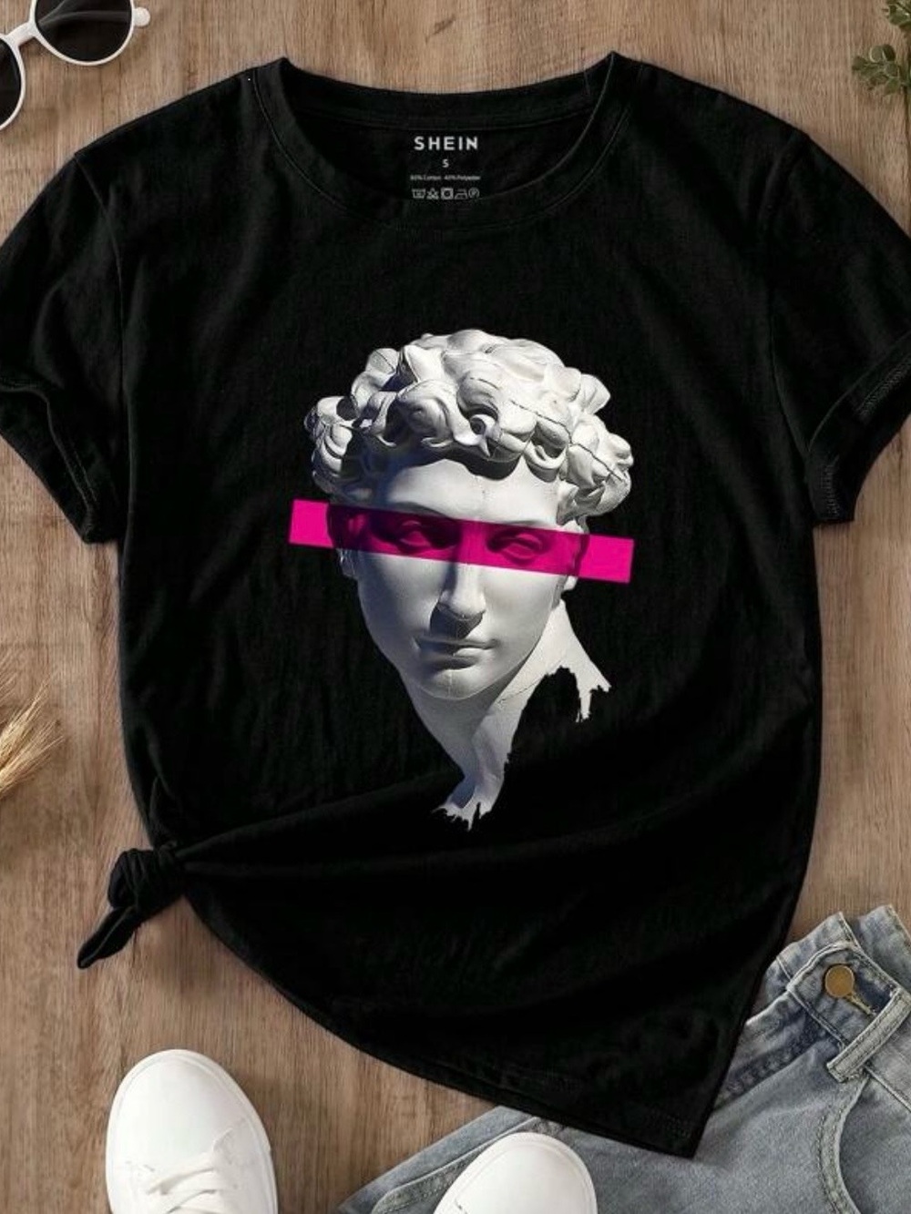 Black Graphic Statue Tee with Hot Pink Eye Stripe